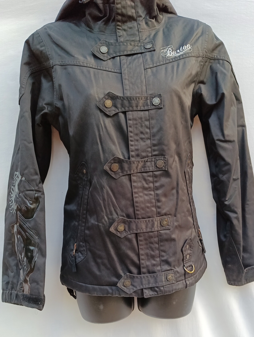 Burton Black Snap buckle Military-Style Hooded Snowboarding Jacket Bold Artwork